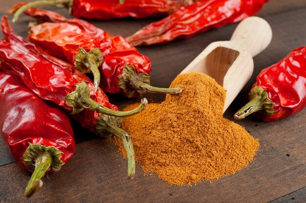 Piments rouges et tas de piment moulu dans une cuillère en bois