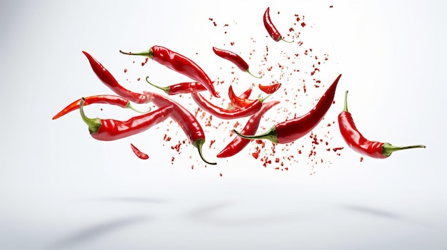 Piments rouges tombant sur fond blanc