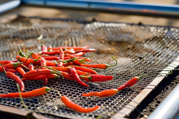 Photo des piments séchés au soleil sur une grille en maille