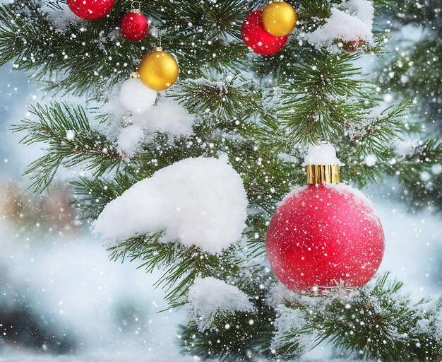 Pin décoré de boules de Noël en hiver de neige