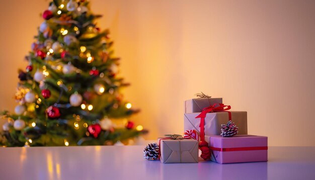 Pin de Noël traditionnel avec décorations de vacances sur fond et pile de cadeaux