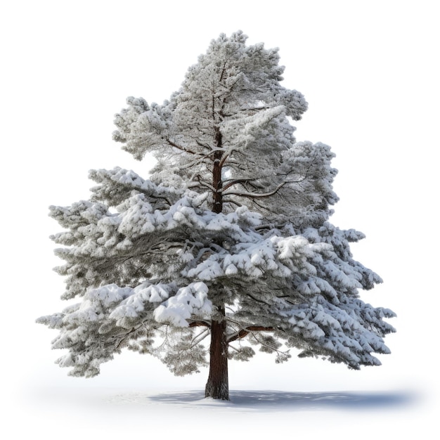 Pin recouvert de givre et de neige isolé sur fond blanc