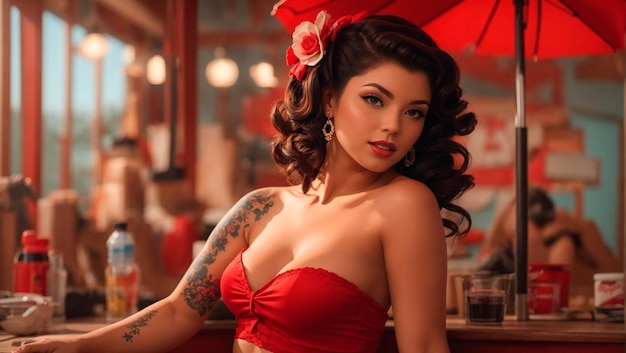 Photo pin up nica diversifié palette rouge vibrante tatuages biquni sensuelle dia chaude ps