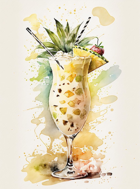 Piña colada, boisson d'été, boisson à l'ananas, cocktail à l'aquarelle