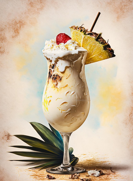 Piña colada, boisson d'été, boisson à l'ananas, cocktail à l'aquarelle