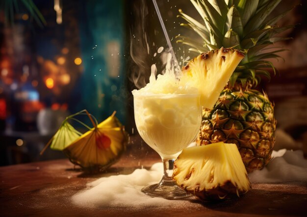 Une Pina Colada mélangée dans un bar tropical présentant le processus de mélange