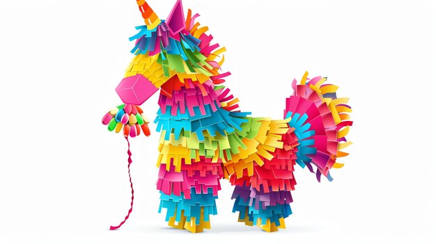Photo une pinata en forme de licorne colorée faite de papier mâché avec une longue queue et une corne elle est décorée de couleurs vives et a un chapeau de fête sur la tête