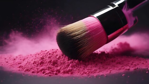 Pince cosmétique en nuage de poudre rose sur fond sombre