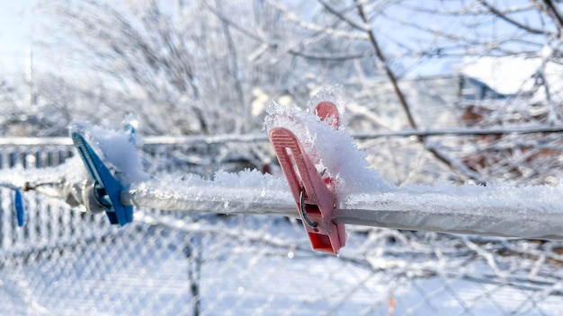 Pince à linge gelée rouge et bleue sur un fil