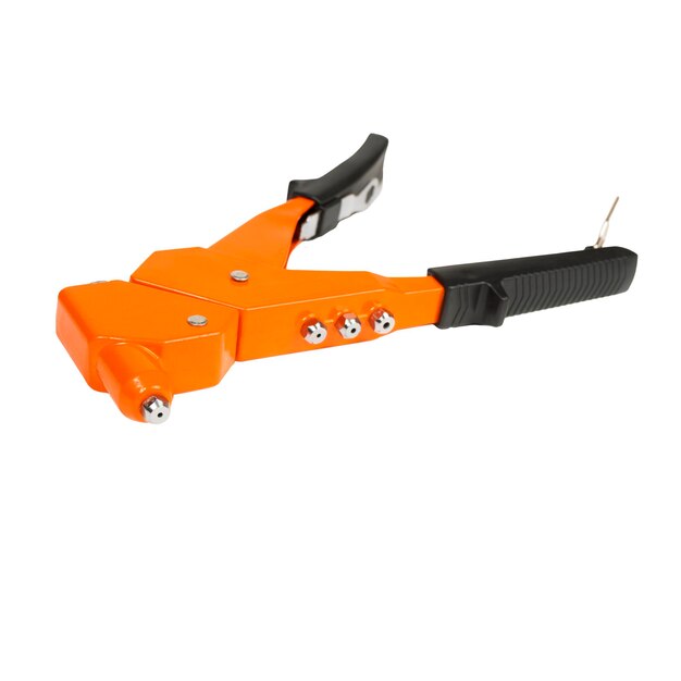 Photo la pince à riveter à main est un outil pour fixer la riveteuse pince à riveter orange avec poignée noire isolée sur fond blanc