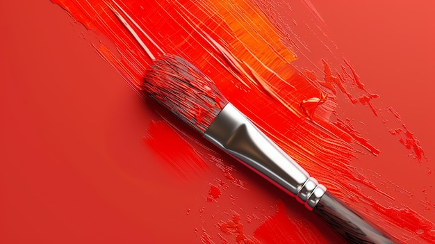 Un pinceau en bois avec de la peinture à l'huile rouge est posé sur une toile peinte en rouge. Le pinceau est dans le coin inférieur droit de l'image.
