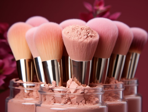 Pinceau de maquillage doux avec une sélection de poudres de maquillage blush isolées sur un fond rose tendre