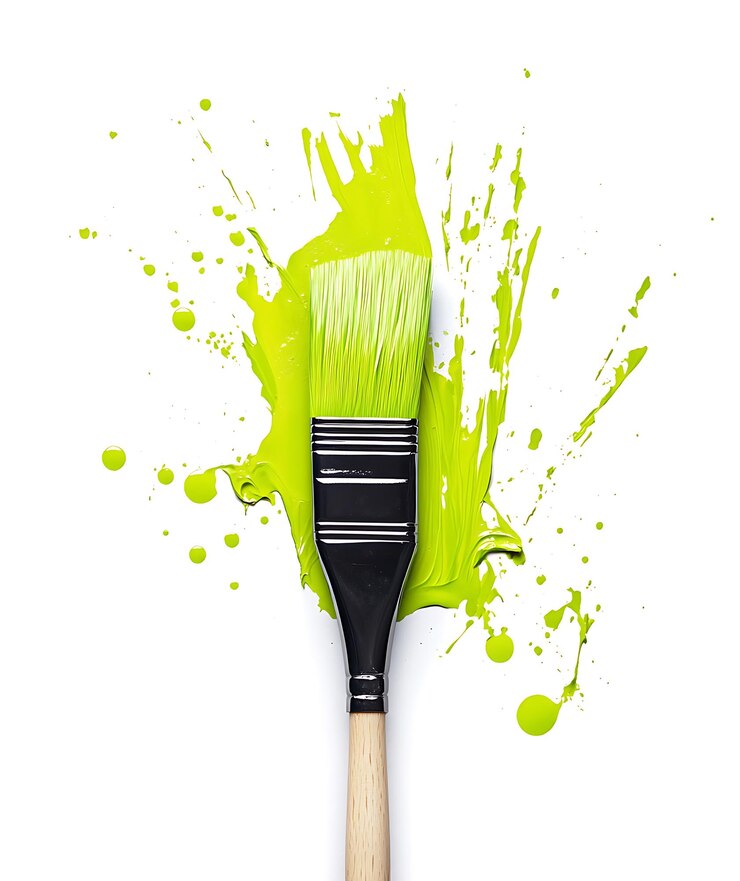 Un pinceau avec de la peinture verte éclaboussée sur un fond blanc