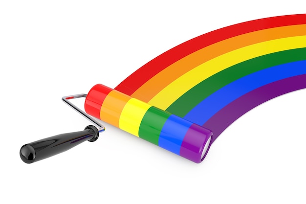 Pinceau à rouleau de peinture avec drapeau arc-en-ciel LGBT sur fond blanc. Rendu 3D