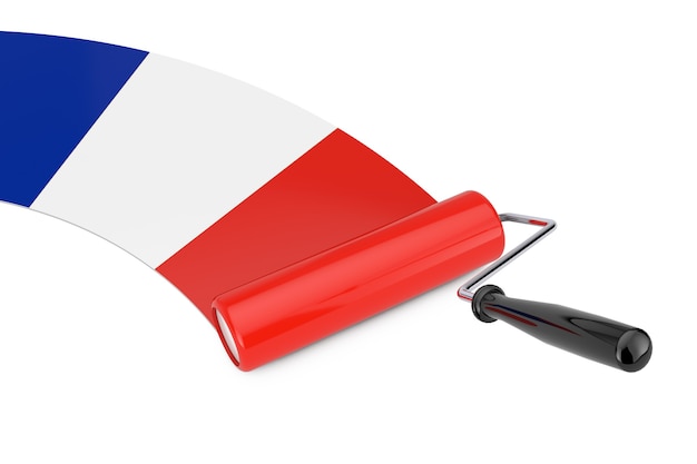 Pinceau à rouleau de peinture avec drapeau France sur fond blanc. Rendu 3D