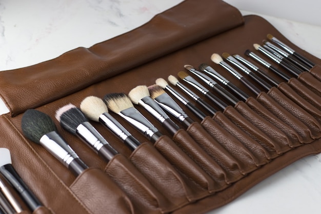 Pinceaux de maquillage dans un étui marron. Kit de maquillage