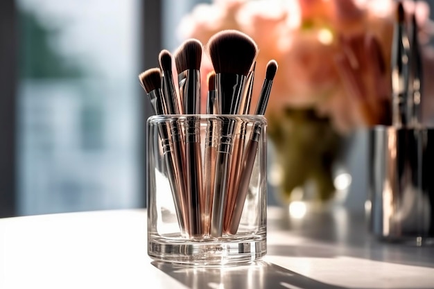 Pinceaux de maquillage dans un verre sur une table blanche Ensemble de pinceaux de maquillage professionnels propres pour les maquilleurs