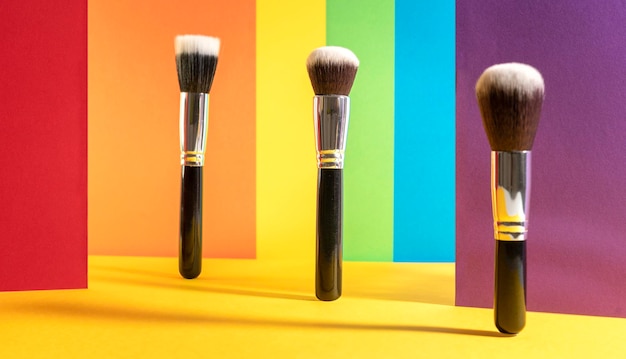 Pinceaux de maquillage sur fond aux couleurs du mouvement LGBT