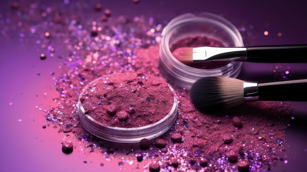 Pinceaux de maquillage et paillettes sur fond violet