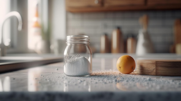 Une pincée de bicarbonate de soude sur un comptoir de cuisine immaculé crée une esthétique minimaliste et propre