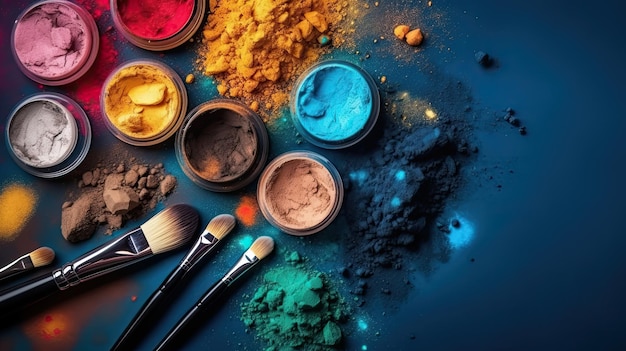 Pincettes de maquillage et pots de poudre sur fond bleu foncé