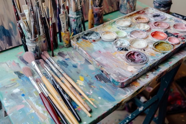 Pincettes et palettes sur la table de travail des artistes