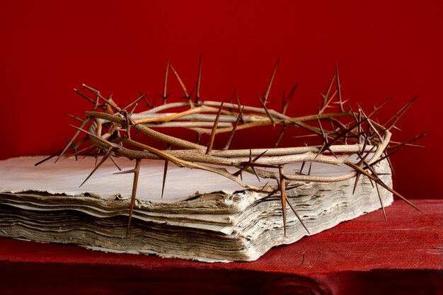 Épines de la couronne et vieille bible ou livre sur fond rouge, espace de copie.