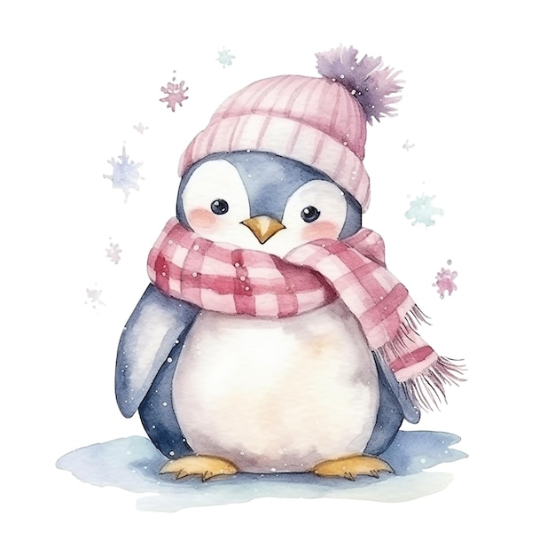 Pingouin aquarelle avec écharpe et chapeau isolé sur fond blanc Generative AI