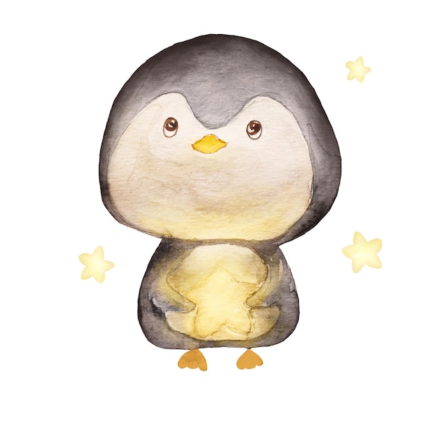 Pingouin aquarelle mignon avec la lune et les étoiles