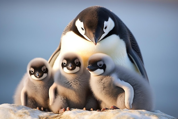 Photo un pingouin avec un bébé pingouin sur le dos