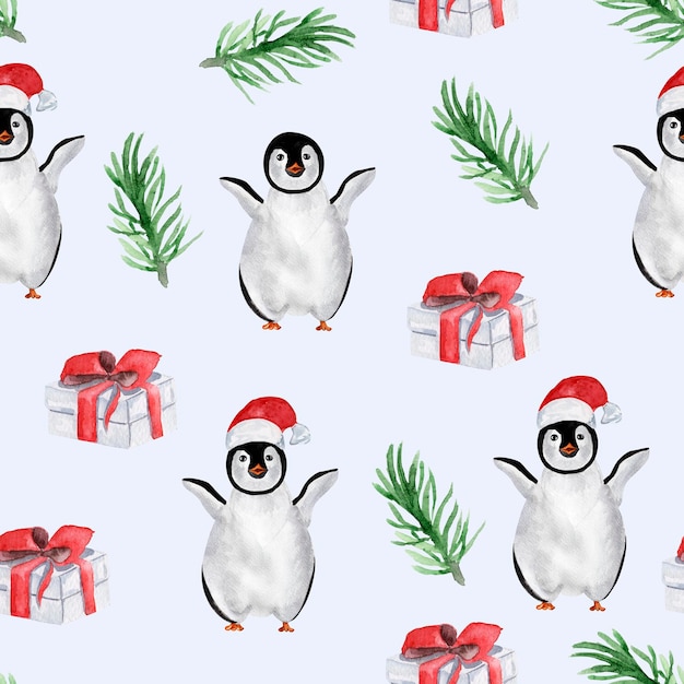 Pingouin et cadeau de noël modèle sans couture aquarelle