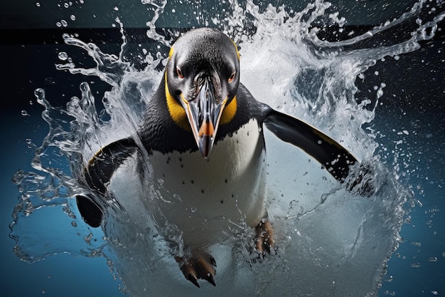 Photo un pingouin dans l'eau avec son bec ouvert et le mot pingouin sur le fond