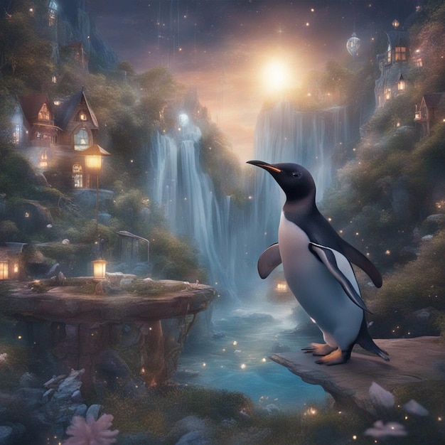 Un pingouin dans un monde magique papier peint