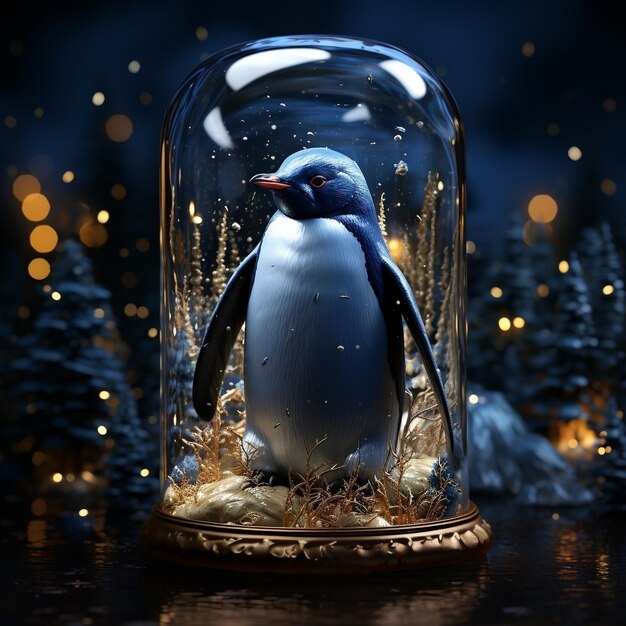 Pingouin dans un pot de verre bleu plein de lumière bleue et de neige