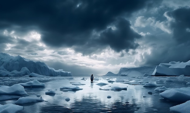 Pingouin debout sur la banquise et regardant les icebergs en Islande