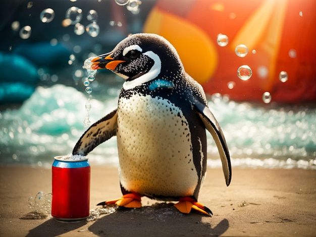 Un pingouin debout à côté d'une boîte à soda