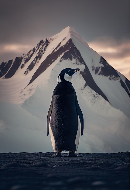 Pingouin debout seul dans la neige avec une majestueuse chaîne de montagnes en arrière-plan ai générative