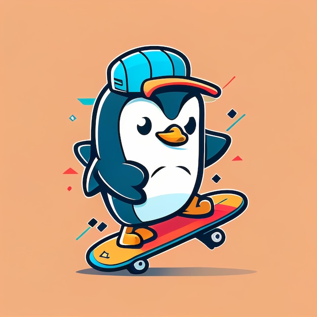 Un pingouin de dessin animé avec une casquette bleue et une casquette bleue est sur une planche à roulettes.