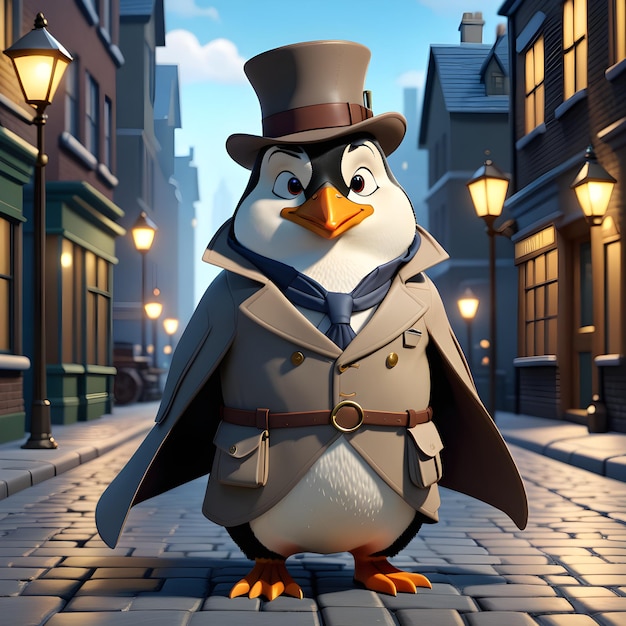 un pingouin de dessin animé avec un chapeau et un manteau debout dans une rue de la ville