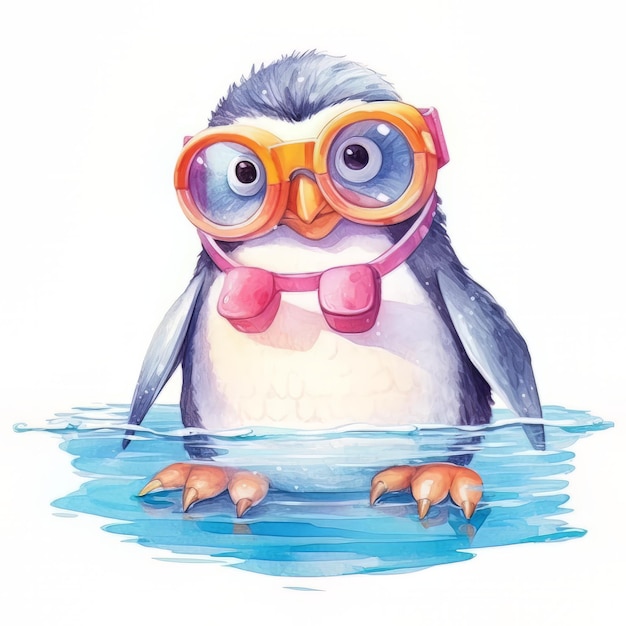 pingouin de dessin animé avec des lunettes sur l'illustration de l'eau pour les enfants