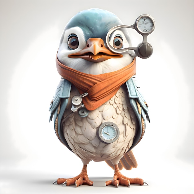 Pingouin de dessin animé mignon portant un casque et des lunettes rendu 3d