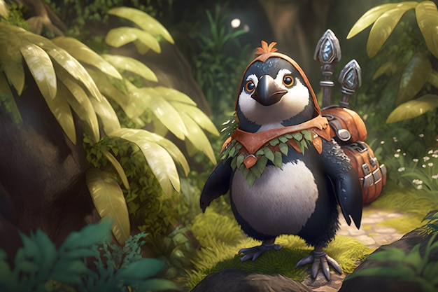 Un pingouin avec une épée et un bouclier sur sa poitrine se tient dans une jungle.