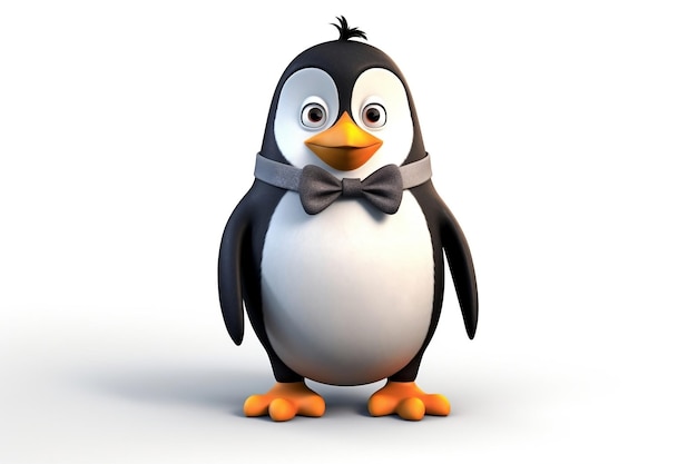Pingouin excentrique de personnage de dessin animé 3D avec noeud papillon et bretelles sur fond transparent AI