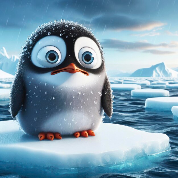 Pingouin avec une expression effrayée et des yeux renflés sur un bloc de glace au milieu de l'océan ai génératif