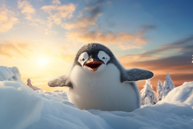 Photo un pingouin avec une expression heureuse sur son visage se tient dans la neige