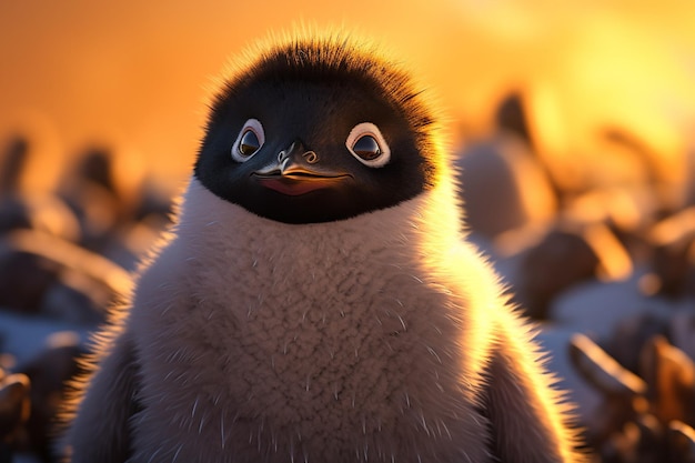 Photo un pingouin à fond jaune et un bec noir qui a un œil noir et un fond jaune