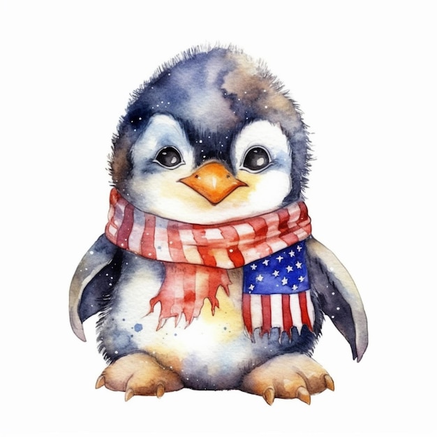 Pingouin avec foulard drapeau américain aquarelle générative ai