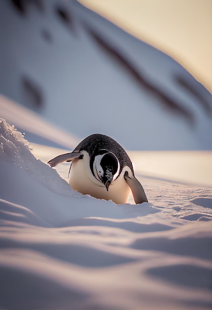 Pingouin glissant sur le ventre sur une colline enneigée ai générative