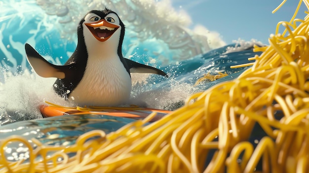Photo un pingouin heureux surfe sur les vagues le pingouin porte une combinaison de plongée et a un grand sourire sur son visage l'eau est bleue et le soleil brille