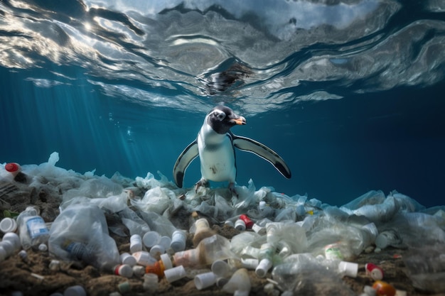 Le pingouin nage parmi les déchets flottant dans l'eau, des sacs en plastique, des canettes en plastique